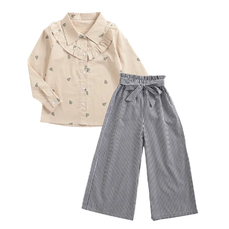 

Children's clothing Christmas tree Print shirt + Striped wide leg pants Two-piece suit autumn and winter children's suit