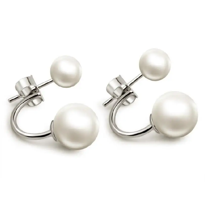 

925 Sterling Sliver Double Imitation Pearl Stud Earrings After Hanging Earring Two Wear Ways For Women brincos S-E92