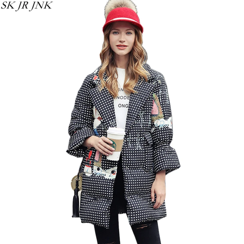 Cartoon Print Plaid Thicken Warm Down Wadded Jacket 2017 Winter Women Parkas Female Wadded Overcoat Plus Size Long Coat WQ325