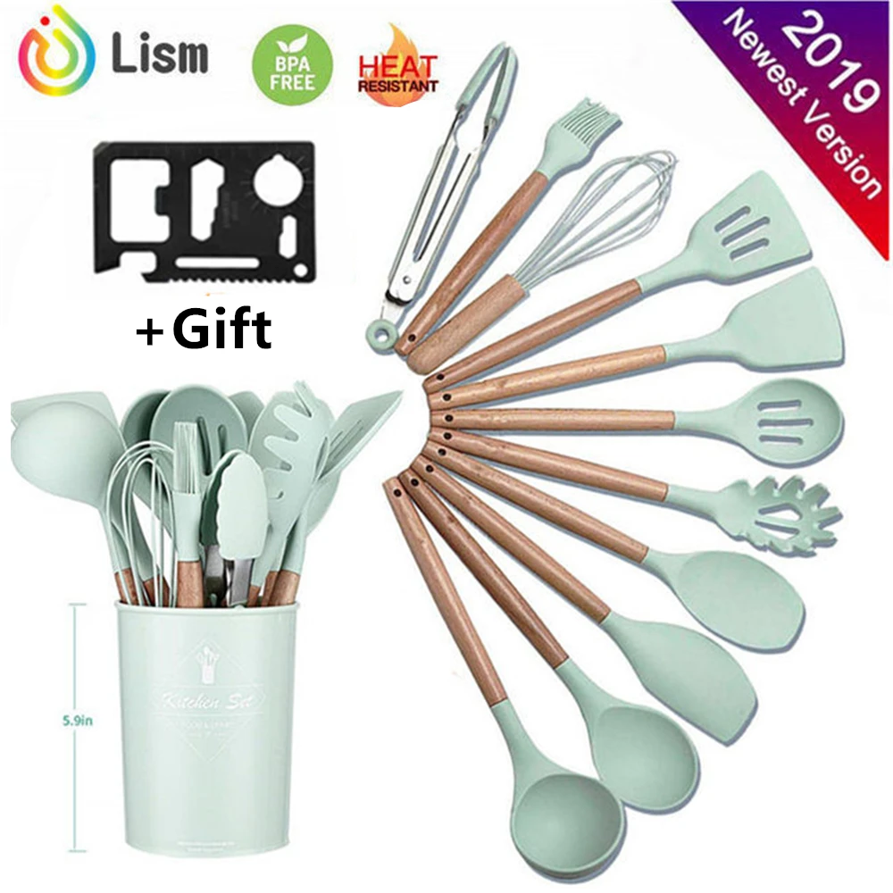 

Best Kitchen Set 12-Pcs Kitchen Utensils Silicone Cooking Utensil Tools Set with Holer Stand Wooden Spatula Set Kitchenware