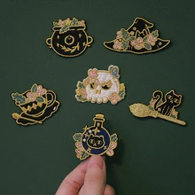 

Witch Cup Hat Skull Drug Furnace Embroidered Patches Fashion Vintage Iron On Sew Appliques Badge Stickers for Clothes Bags Coat