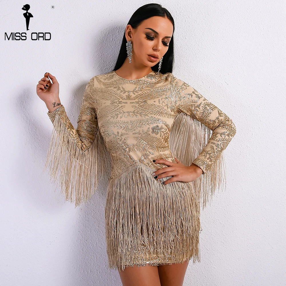 Missord 2018 Sexy O Neck Long Sleeve Tassel Glitter Elegant Gold Dress