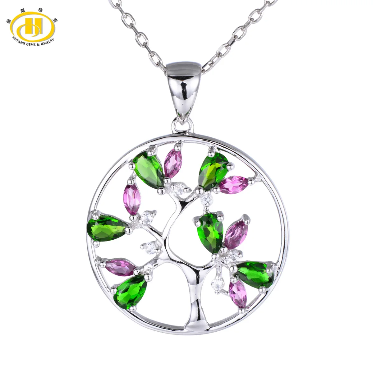 

Hutang Natural Chrome Diopside & Rhodolite Tree Pendant 925 Sterling Silver Topaz Gemstone Necklace Fine Jewelry