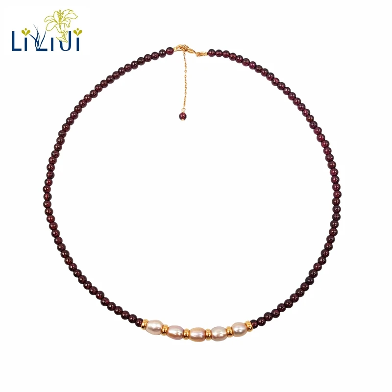 

Lii Ji Gemstone Red Garnet Freshwater Pearl AA+ 925 Sterling Silver Gold Plated Choker Necklace