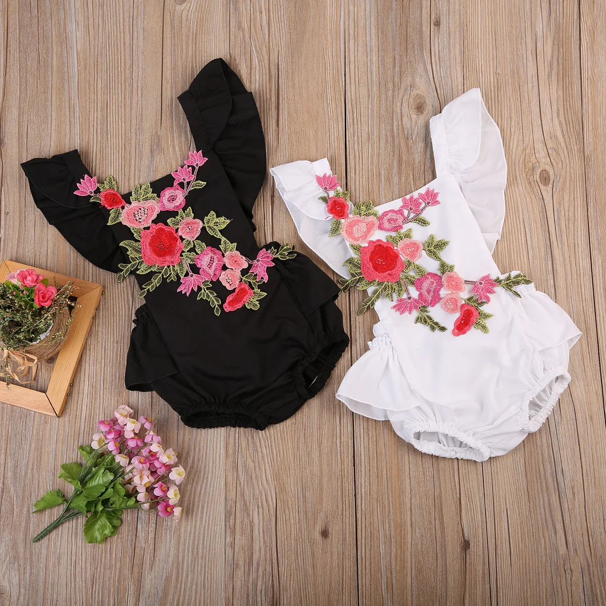 

Toddler Infant Baby Kids Girl embroidery Rose Romper Back Cross Bandage Outfits Sunsuit
