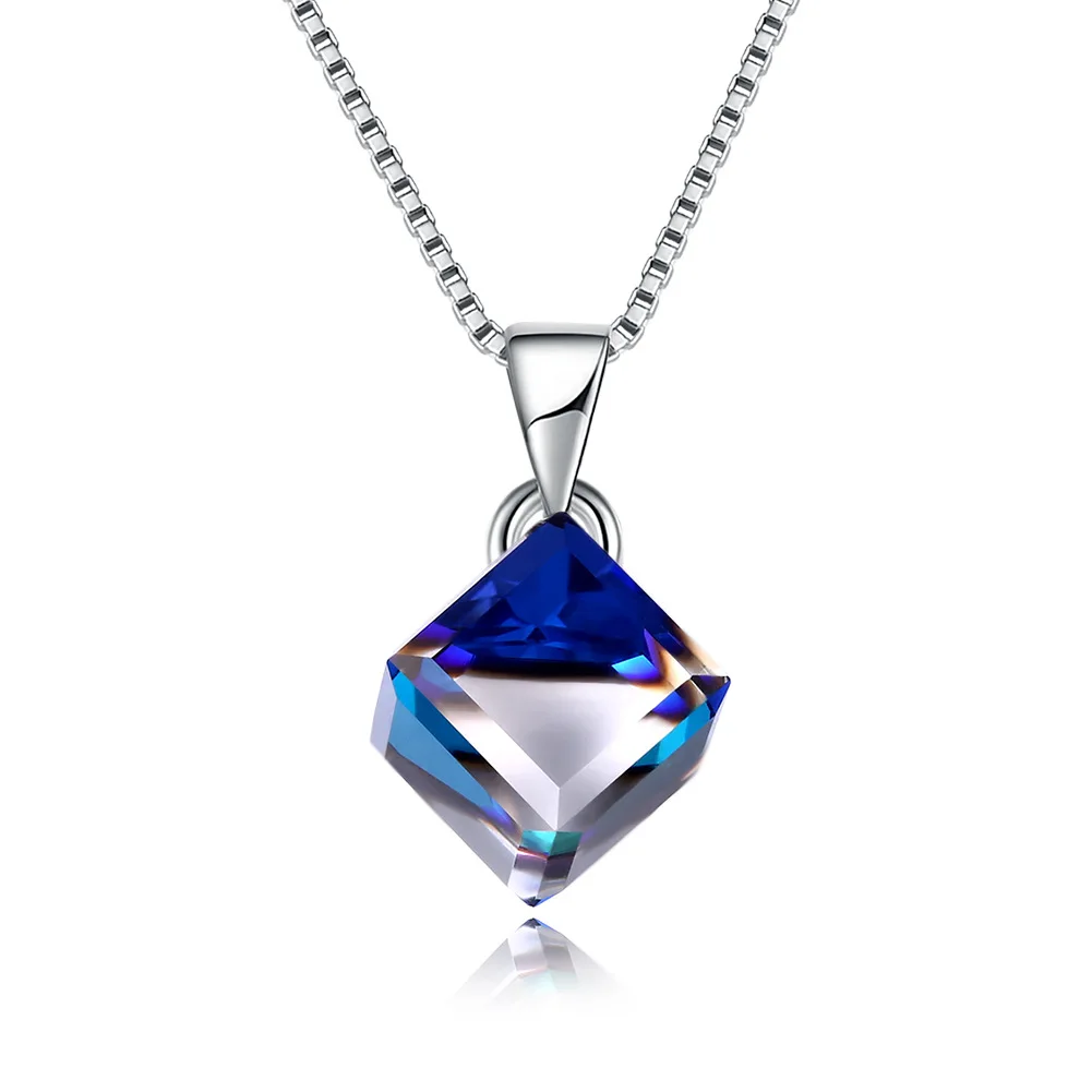 

Sterling 925 Silver Necklace Austria Elements Crystal Square Pop Pendant Necklace for Women Jewelry Deep Blue European America