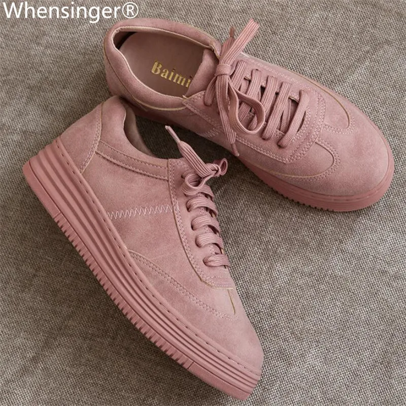 

Genuine Leather Women Sneakers Fashion Pink Shoes for Women Lace up White Shoes Creepers Platform Women's Vulcanize Shoes