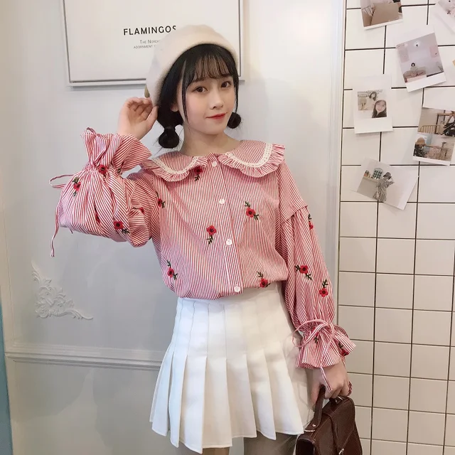 High Quality Sweet Women Blouse 2018 Summer Blue Floral Striped Embroidery Long Flare Sleeve Ladies Peter Pan Collar Shirts Tops