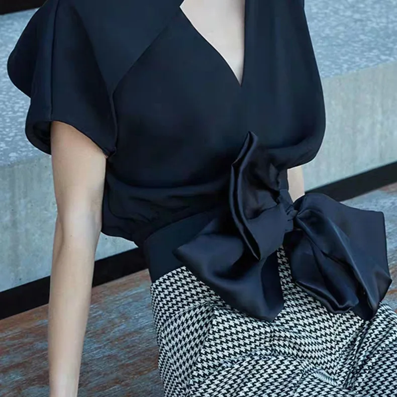 HAMALIEL подиумная Дизайнерская Женская юбка костюм летний сексуальный черный бант Holllow рубашка Топы+ клетчатая облегающая юбка-карандаш комплект
