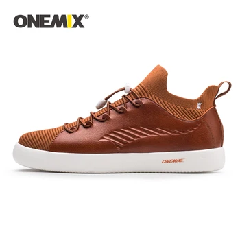 

ONEMIX Shoes Men Casual Sneakers Vintage Trend High Quality Knitted Vamp Leather Flats Skateboarding Shoes Multi-function Shoes