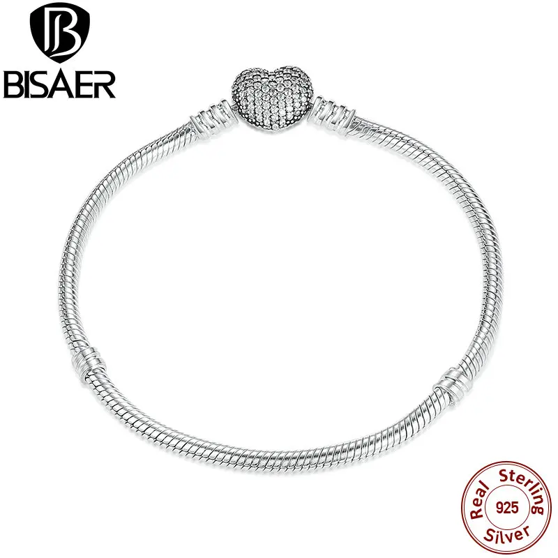 

BISAER 100% 925 Sterling Silver Heart Shape Snake Clasp Basic DIY Chain Bracelets Women Fashion Bracelet Jewelry WEUS906