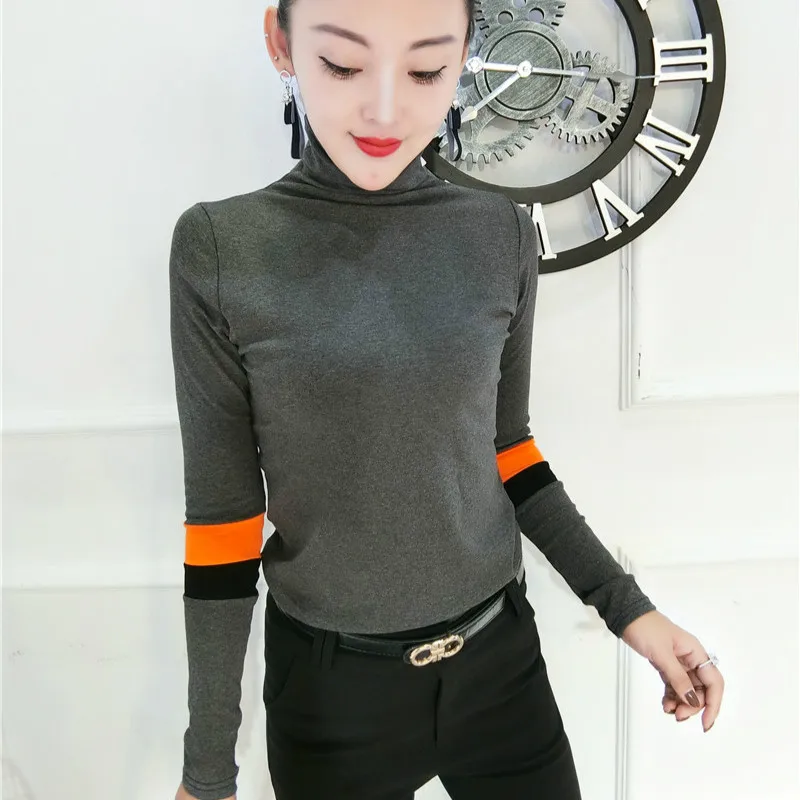 Winter Long Sleeve Turtleneck Cotton T-shirts Women Bodycone Strechy Cotton Pullovers Lady High Collar Cotton T-shirts Tops