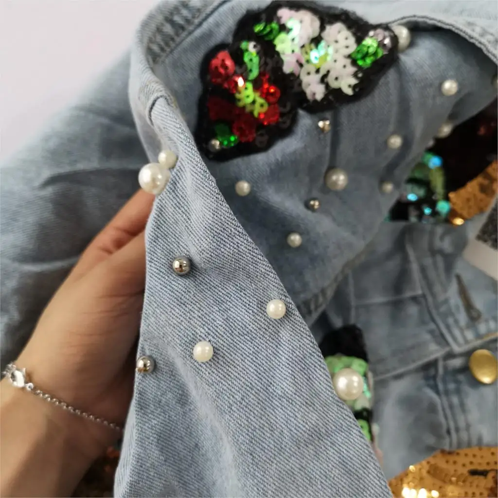 Женская куртка Sherhure джинсовая с блестками и жемчугом 2019|jacket coat women|jacket coatembroidery jacket