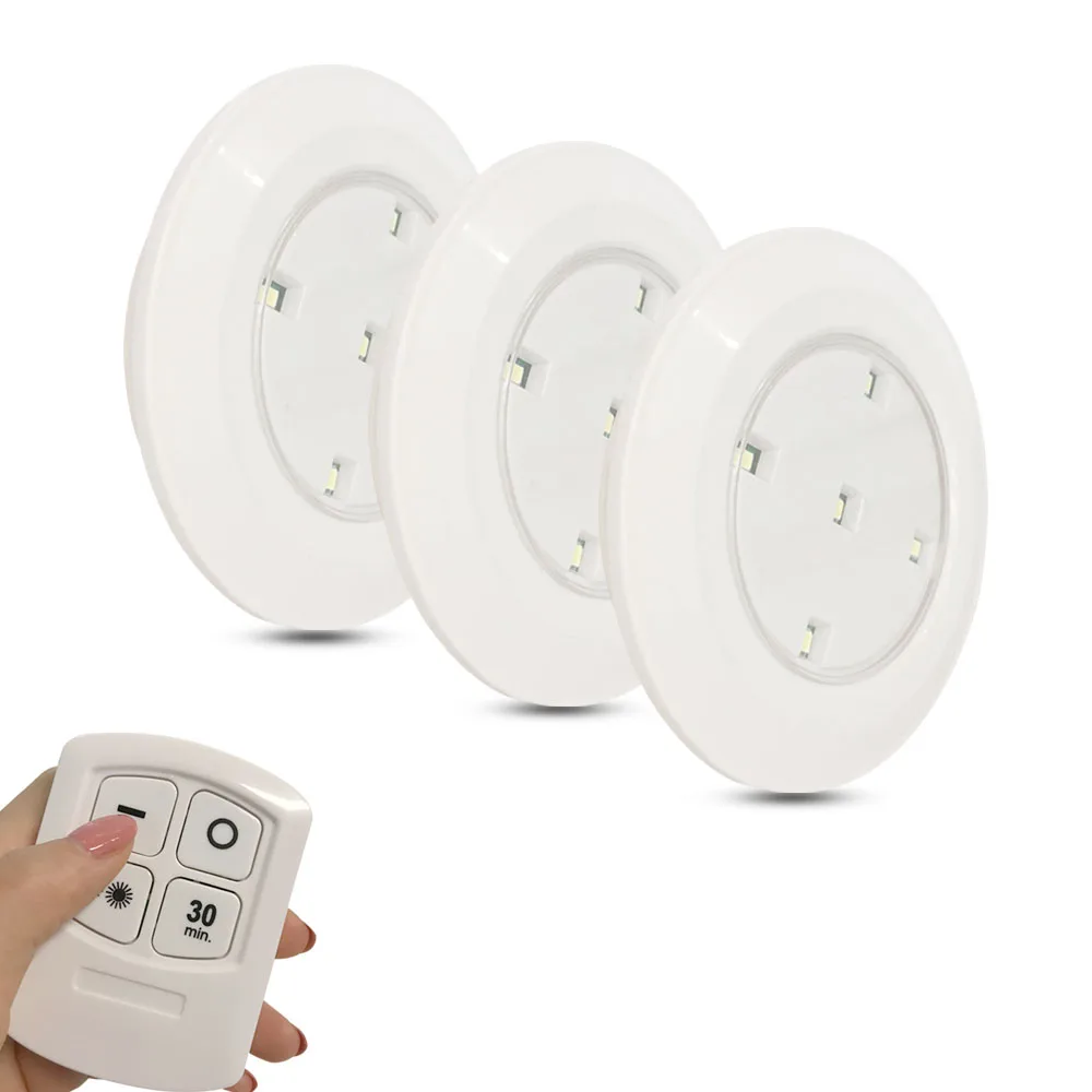 

Wireless LED Intelligent Cabinet Light With Remote Control Round Night Light 3 AA Battery Operated For Cabinets Lamp
