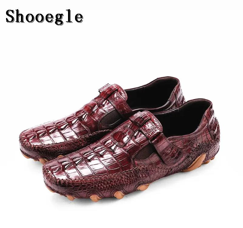 SHOOEGLE Для мужчин Аллигатор кожи Мокасины Для мужчин мягкие туфли на плоской подошве повседневная обувь Высокое качество Крокодил Роскошные открытые туфли человек