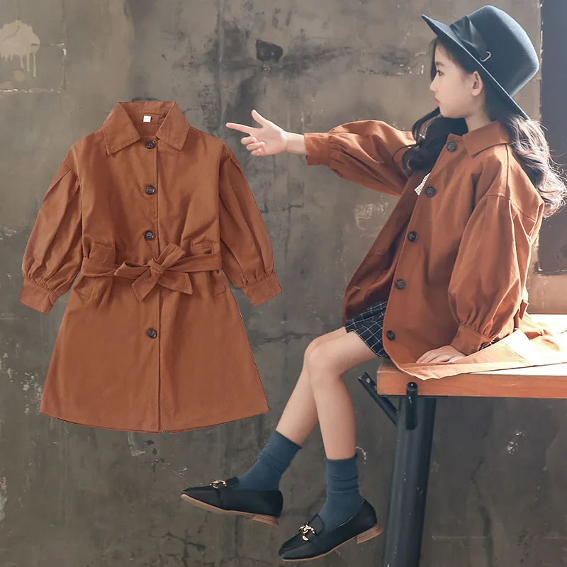  Baby Autumn New Girls Hot Korean Version The Cotton Puff Sleeves In The Long Single-breasted Windbr