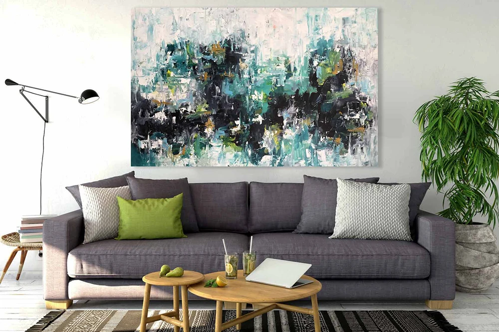 Hand made Textured large abstract Green black painting on canvas Extra wall art great | Дом и сад