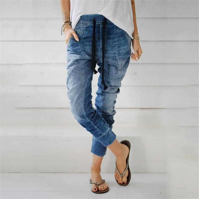 

2019 Fashion Slim fit Jeans Mid waist straight trousers winter woman long pants loose Harem Pants Women Drawstring Womens Pants