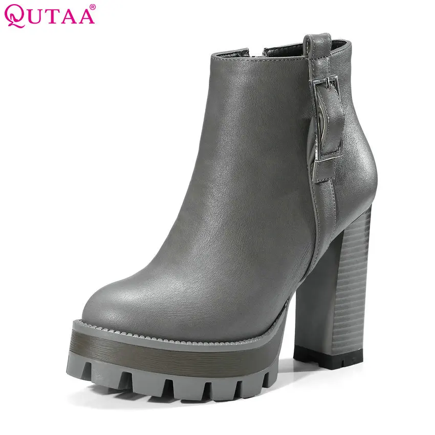 QUTAA 2018 Women Ankle Boots Zipper Square High Heel Round Toe Westrn Style Platform All Match Women Motorcycle Boots Size 34-39