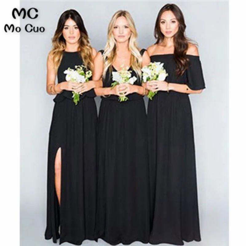 Black Chiffon Mismatched Eleagnt Long Wedding Bridesmaid Dresses3