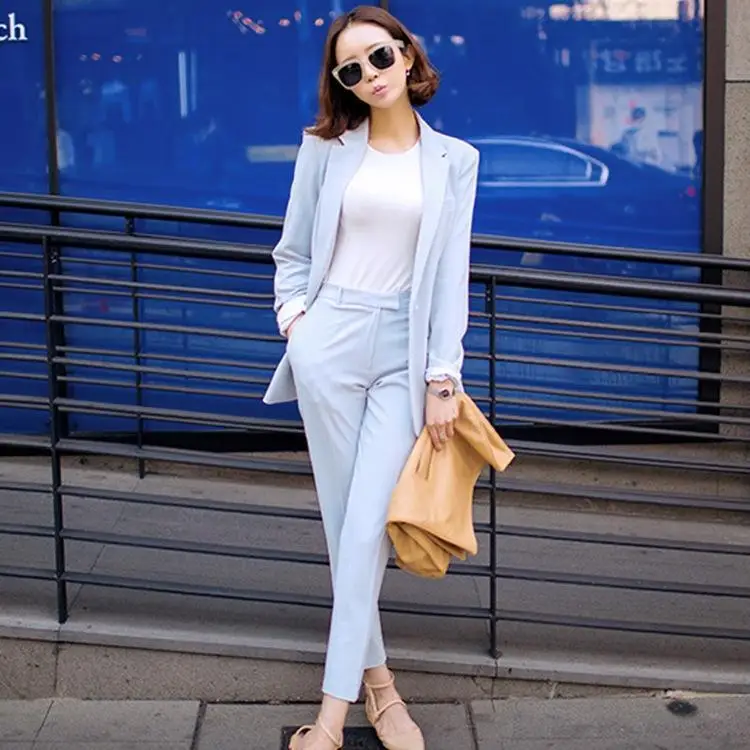 2018 Spring Women Suit Sets Elegant Casual Long Sleeve Leisure Soild Color Suit Jacket Harlan Pants Light Blue Twinset 2018 Spring Women Suit Sets Elegant Casual Long Sleeve Leisure Soild Color Suit Jacket Harlan Pants Light Blue Twinset