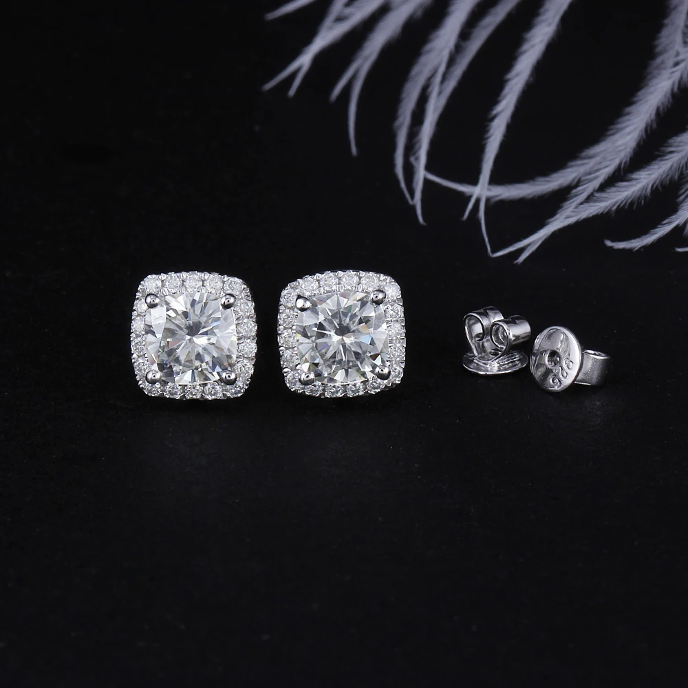 DovEggs Стерлинговое Серебро 925 пробы 2.26CTW 6*6 мм HI color Cushion Moissanite Halo Серьги-гвоздики для женщин