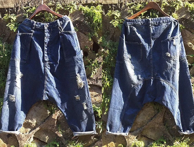 Весенние поцарапанные винтажные разорванный Гарем Брюки женские джинсы джинсовые брюки женские свободные эластичные талии мешковатые с заниженным шаговым швом джинсовые брюки - Цвет: Синий