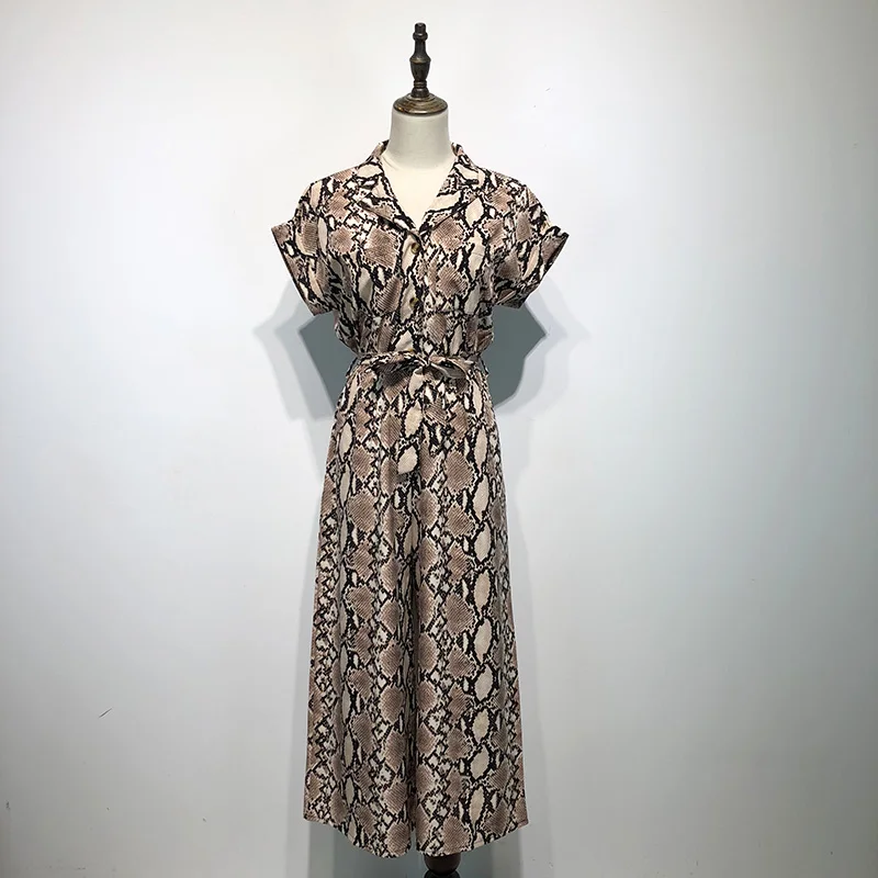 

Snake Print Jumpsuit For Women Short Sleeve Sashes Bandage Rompers Streetwear One Piece Long Playsuit Belted Wide Leg Overalls