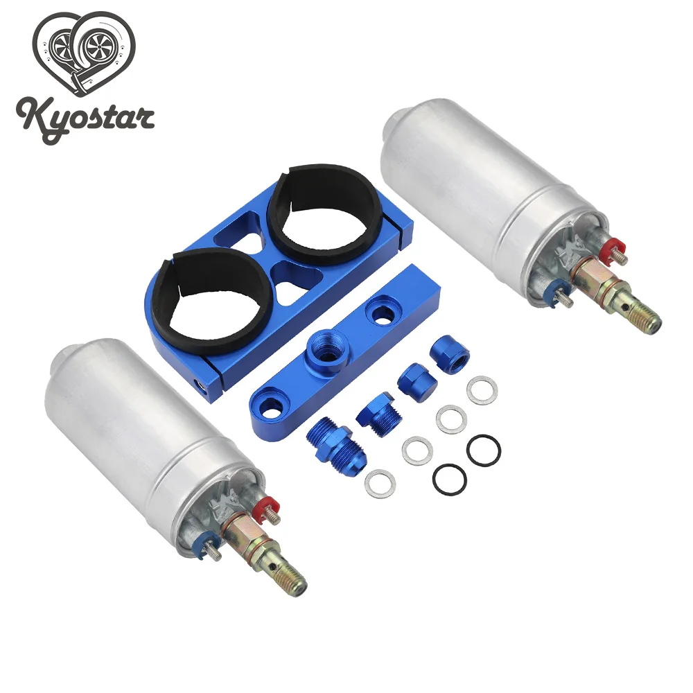 

Universal 2 Dual 044 High Flow External Fuel Pump + 2 Dual Mounting Bracket & Out Manifold Aluminum AN6 Black Blue Silver Red