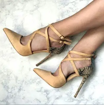 

2017 Summer sexy high heel cross-tied lace up heels super high thin heels pointed toe women snakeskin shoes stilettos yellow