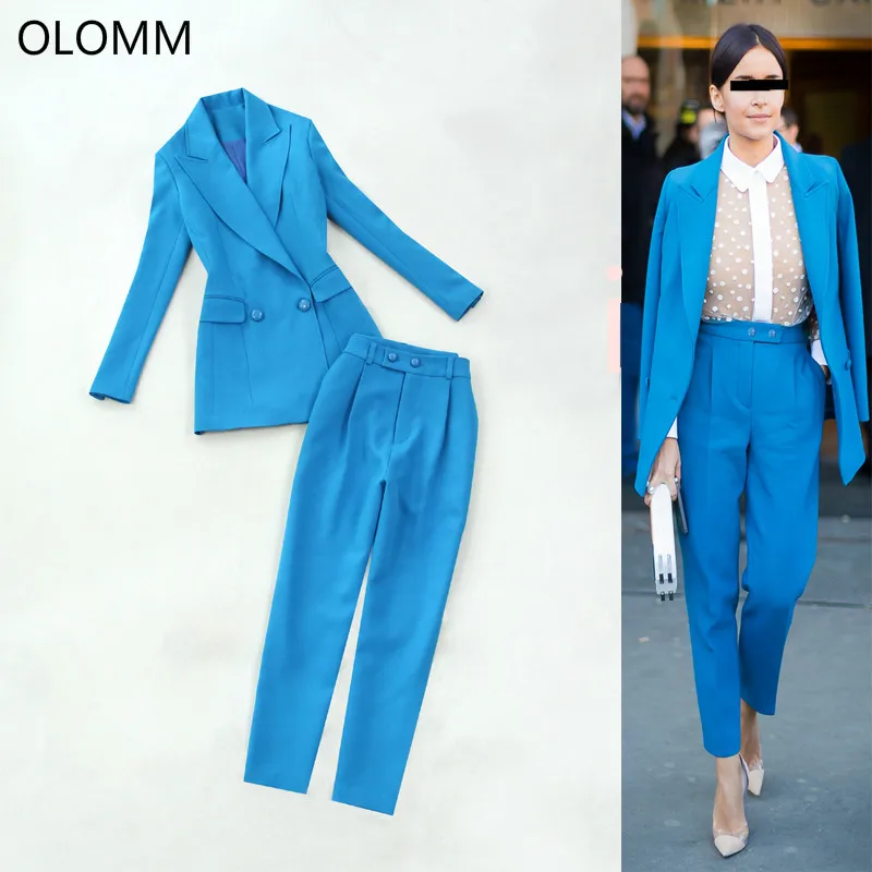 Women's suit set 2019 spring and summer new women's pants suit large size Slim blue suit jacket high waist feet pants two-piece
