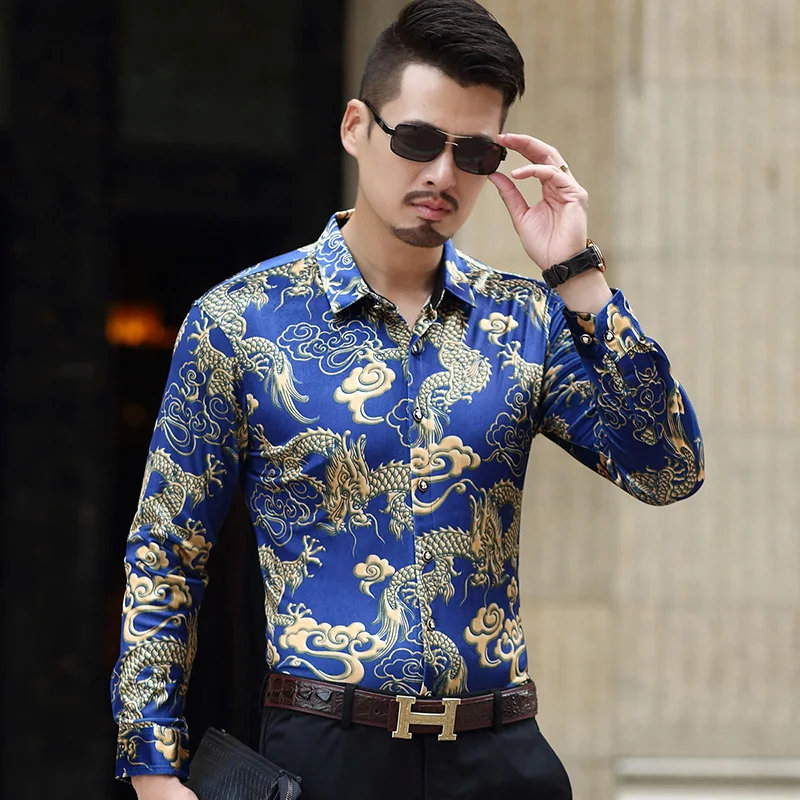 

Brand New Men Casual Shirts Luxury Gold Velvet Dragon Print Social Shirt Male Long Sleeve Slim Fit Shirt Men Plus Size Blouses