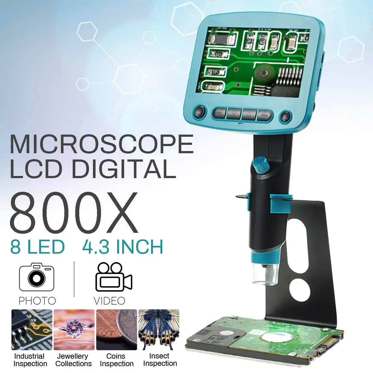 800x 4.3 Inch Digital Microscope LCD Display Solder Portable USB High Brightness 8 LEDs Electron So