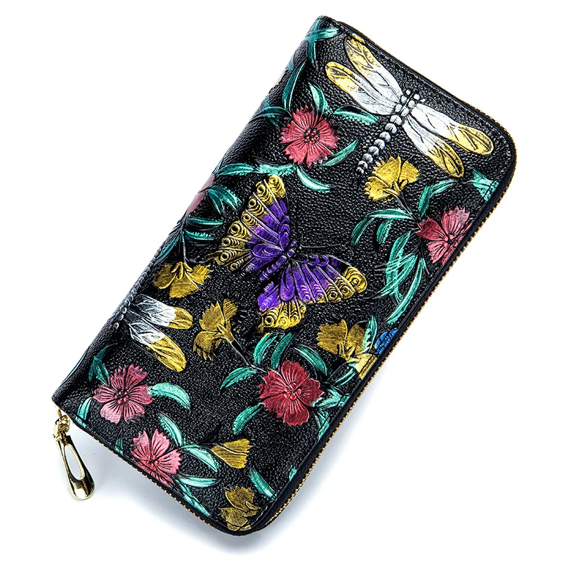 New Embossing Genuine Leather Wallet for Women Flower Print Lady Long