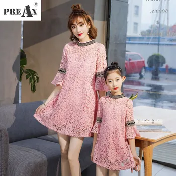 

Lace Dress for Girl Mother Daughter Dresses Spring Summer Cute Fashion Lace Hollow Dress Flare Sleeves Solid Clothes Family Look