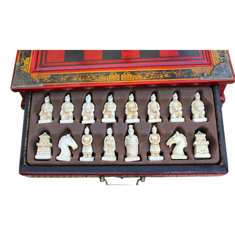 Vintage Collection Chess Chinese Terracotta Warriors Chess Wood Carving Resin Chessman Christmas Birthday Premium Gifts qenueson