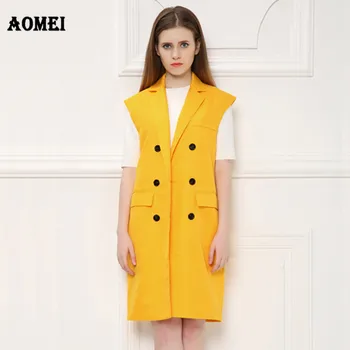 

Vest Colete Cardigans Women Waistcoat Double Buttons Sleeveless Vest Long Jacket Yellow Black Solid Coat Outwear Female Autumn