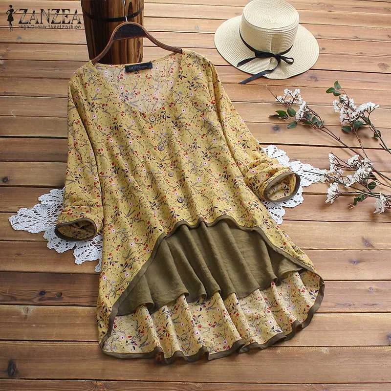 

2019 ZANZEA Vintage Asymmetrical Tops Women's Summer Blouse Casual Long Sleeve Printed Shirts Female Fake Two pieces Blusa Tunic