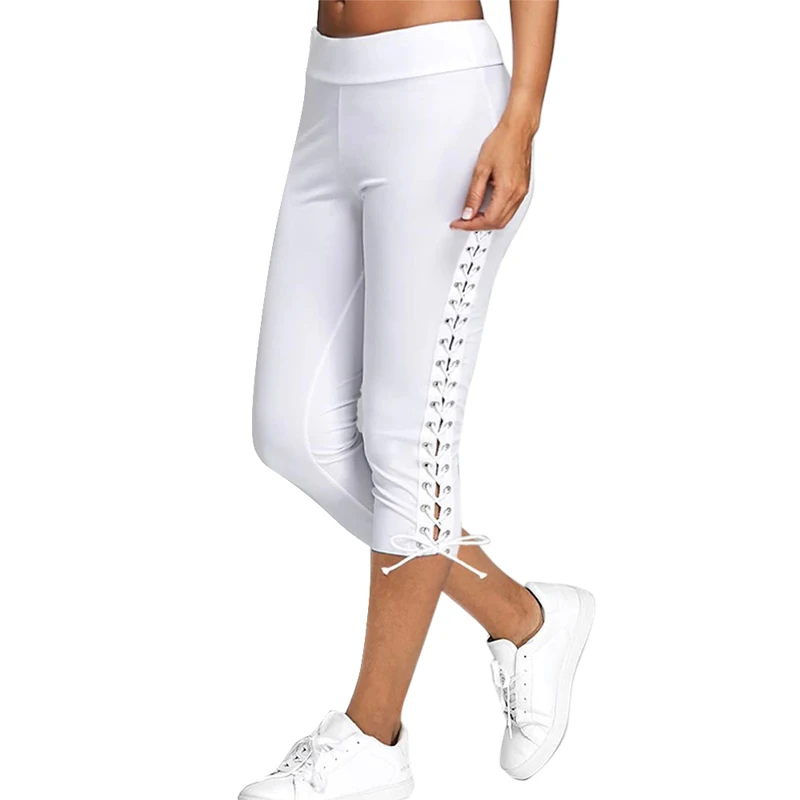 Women Sexy Bandage Pants Calf Length Leggings Lace-up Elastic High Waist Running Pants Gym Workout Trousers Sportswear - Цвет: 02