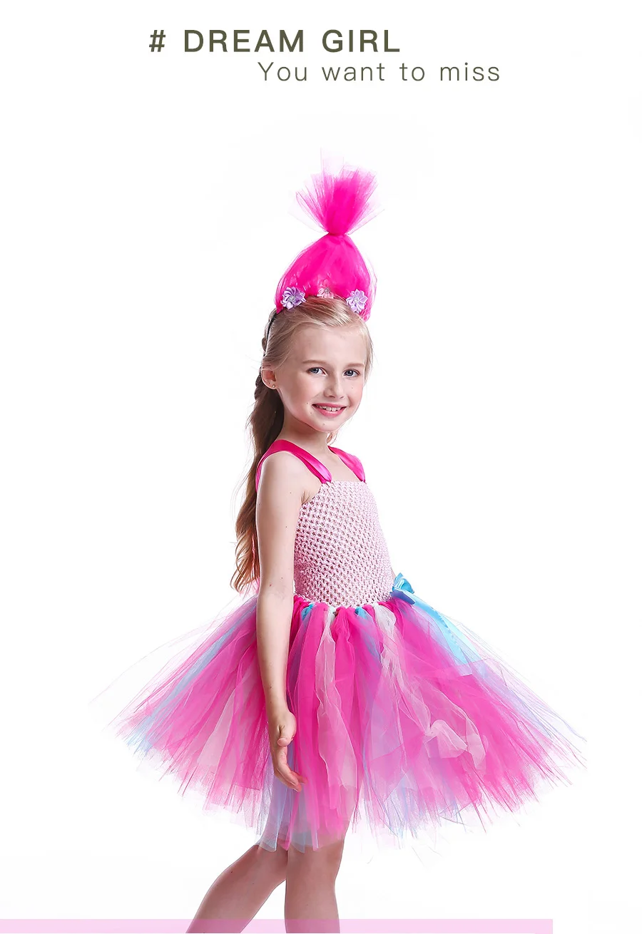 Princess Trolls Poppy Children Tutu Dress with Headband Poppy Birthday Tutu Costume Baby Girl Halloween Cartoon Tulle Dress (5)