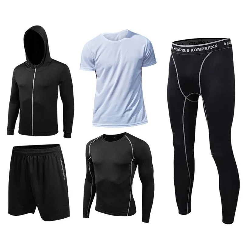 Мужская спортивная одежда, черный, серый, белый спортивный костюм, Мужская эластичная одежда для тренировки в спортзале, дышащая тренировка бега трусцой комплект для бега - Цвет: Men sportswear-W5