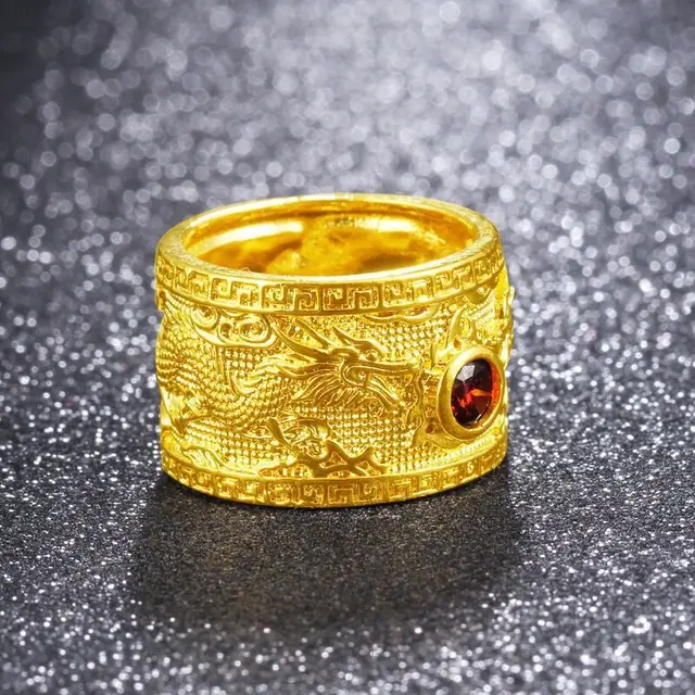 MxGxFam Men’s Rings Double Dragon Red CZ 24 k Pure Gold Color Animel jewelry 8/9/10/11/12 (US)