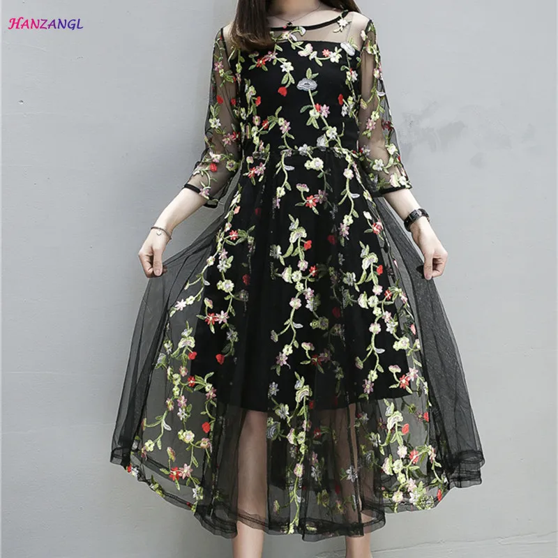 

HANZANGL Plus Size Clothing 2019 Summer Dresses Womens Vintage Floral Embroidery Mesh Casual Party Dresses twinset XL-5XL