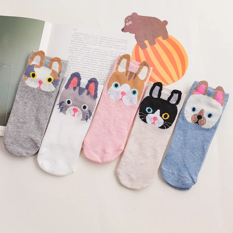 

5 Pair/lot Women Short Socks Ladies Girls Low Cut Socks Funny Printed Socks Cute Cartoon Animals Ear Socks Summer Wholesale
