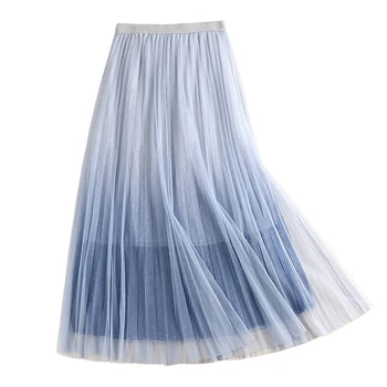 

Tulle Skirt 2020 New Summer Korean Women A-Line Skirts High Waist Slim Gradient Color Female Long Pleated Skirts Jupe Femme