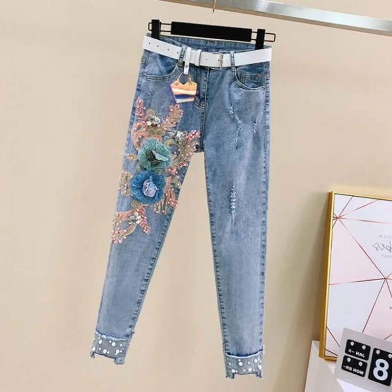 Летние женские комплекты с бисером футболка и джинсы женские комплекты