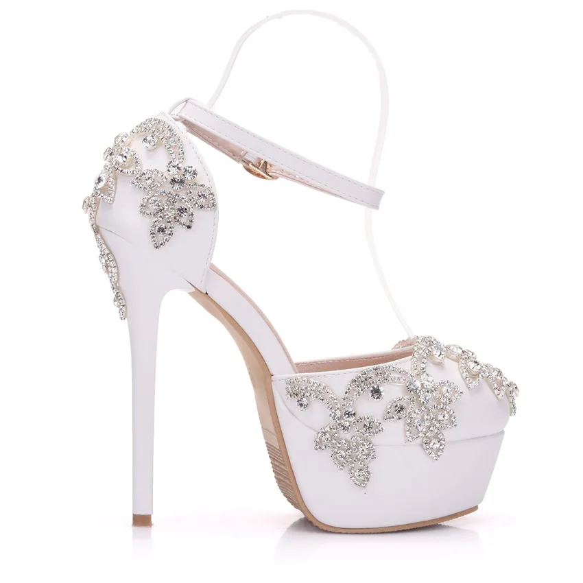 Хрустальный цветок свадебные туфли на очень высоком каблуке Ремешок на щиколотке с женские сандалии на платформе для вечерние банкетные невесты ручной работы