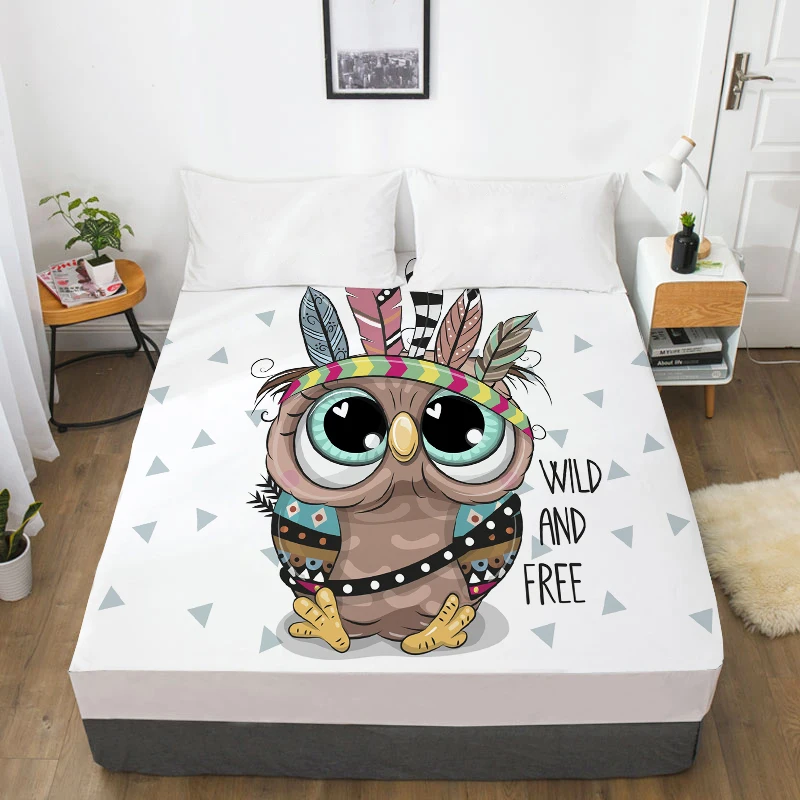 

3D HD Digital Print Cartoon Bed Sheet With Elastic,Cute Indian owl Fitted Sheet for Kids/Baby/Children/Boy,Mattress Cover Custom