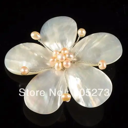 

New Arriver Charming Natural 4-25mm White Shell MOP & Pink Freshwater Pearl Flower Pin Brooch 62mm Handcrafted Fashion Jewelry