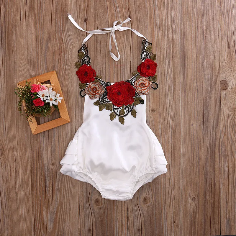 Summer Baby Clothes Big Flower Embroider Ruffle Baby Girls Bodysuit Halter Soft Satin Baby Girls Outfit Floral Kids Clothes  (2)